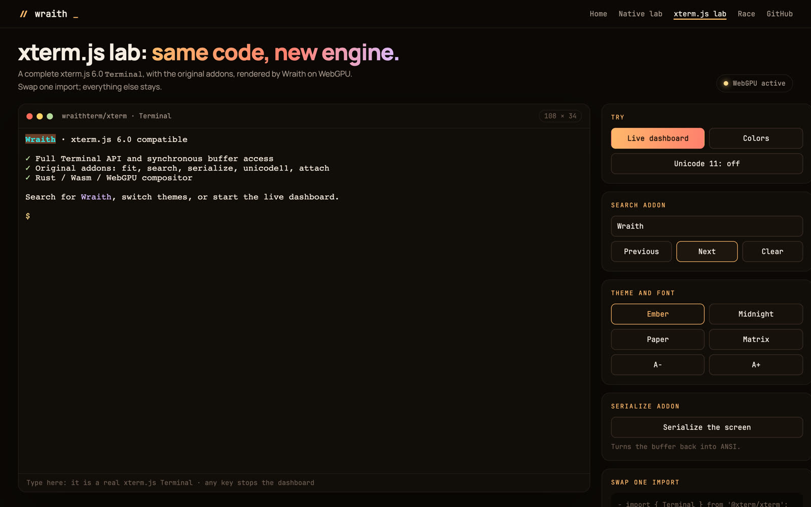 The xterm.js lab: the drop-in Terminal with search, themes and serialize.